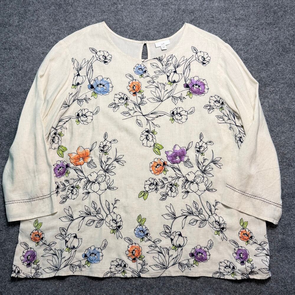 J. Jill Embroidered Floral Linen‎ Blend Top Cream 3/4 Sleeve Size 2X